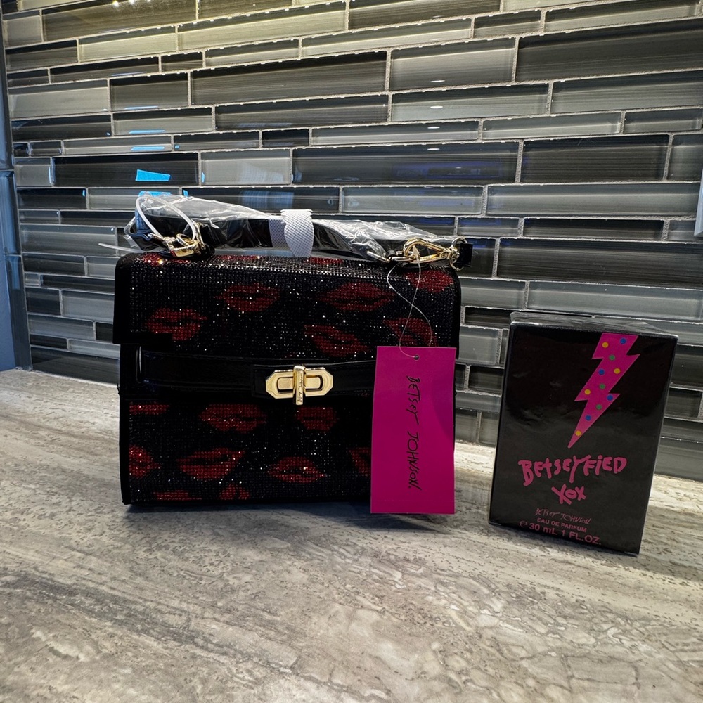 Betsey Johnson Black and Red Lip Mini Bag with Betsey Johnson Perfume XoX